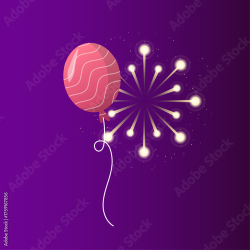 Celebratory Burst of Pink Balloon and Sparking Fireworks on a Vibrant Purple Background