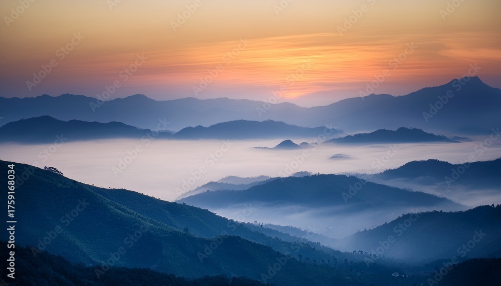 Fototapeta premium Misty Evening Mountains with Sunlight Streaming Through Fog 