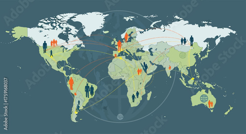 Flat vector illustration of a world map with dotted travel lines and people icons moving between countries, representing migration and connection, International Migrants Day