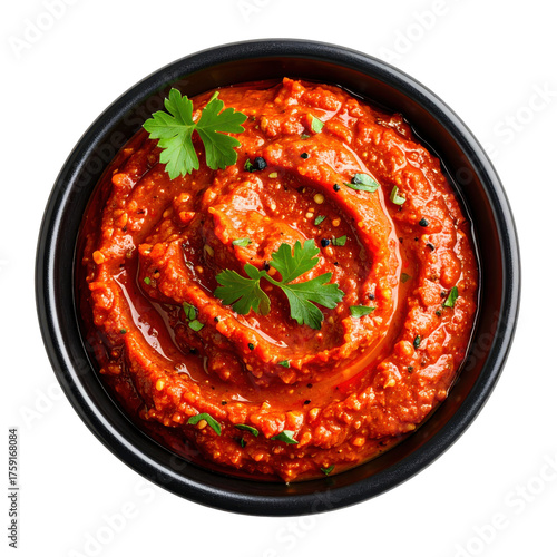 Peri peri dip with parsley garnish top-down view isolated on white background