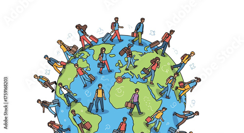vector illustration of diverse people with luggage walking across a globe, symbolizing migration and unity, International Migrants Day