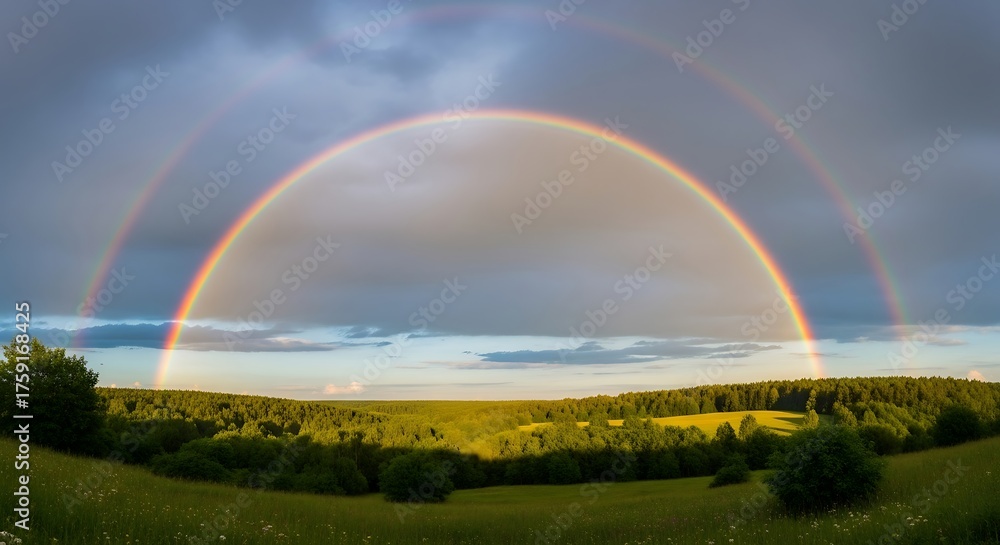 Naklejka premium Majestic Double Rainbow Over Green Rolling Hills.