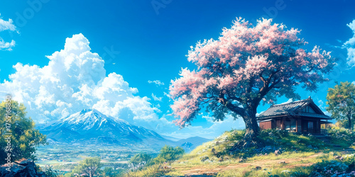 Charming anime-style background. small traditional Japanese house, blooming sakura, mountains, cloudy sky. Peaceful spring scenery design wallpaper animation use. website banner. Generative Ai content