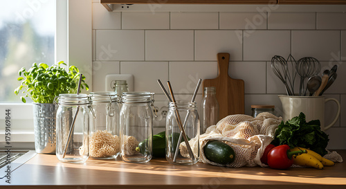 Zero waste kitchen with reusable shopping bags, glass jars, metal straws and bamboo cutlery on the counter top