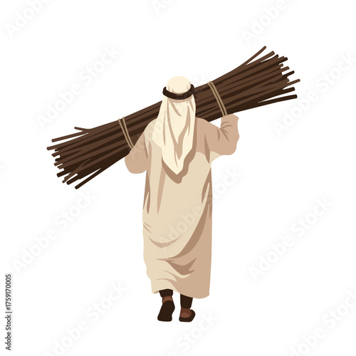 Arab Man Carrying Bundle of Firewood Sticks on Shoulder