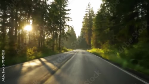 A sunlit road passes through a dense forest, creating a picturesque, natural view