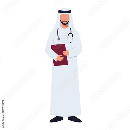 Arab Doctor in Traditional Attire with Stethoscope and Clipboard