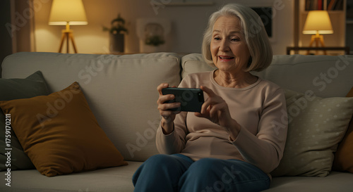 Senior woman using smartphone on sofa at home, enjoying social media and connecting with family