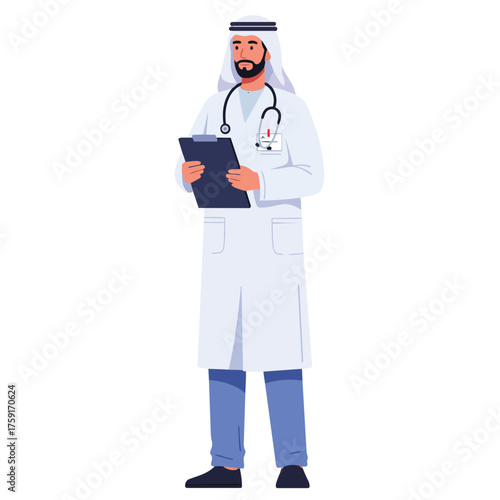 Professional Arab Doctor in Lab Coat with Stethoscope and Clipboard