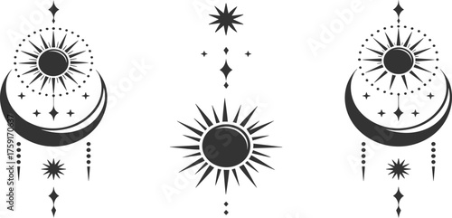 Set of minimalist sun and moon tattoo designs with geometric celestial symbols and stars in black and white vector style