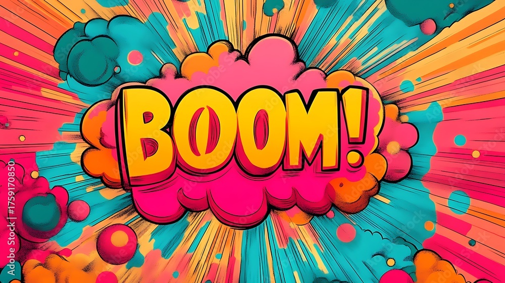 Fototapeta premium Colorful comic book explosion with the word boom, clouds and rays