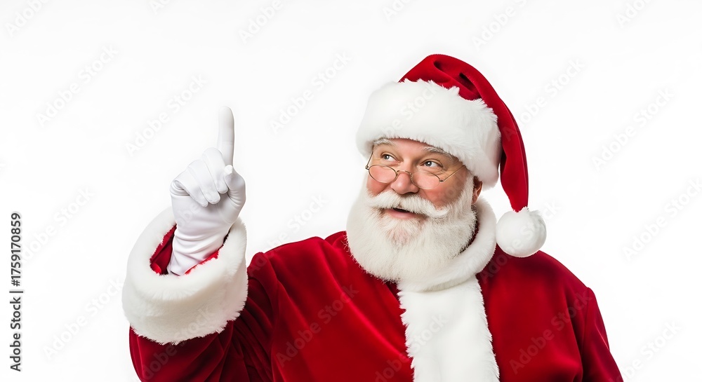 Fototapeta premium A cheerful Santa Claus wearing his iconic red suit and white beard, pointing his finger upwards with a knowing expression.