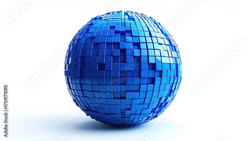 Abstract Blue Sphere Composed of Cubes on a White Background with Subtle Shadow