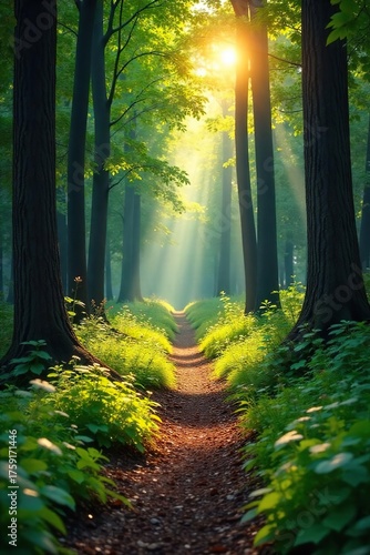 Sun-Dappled Forest Path Tranquil Nature Scene, Peaceful Landscape Photography, Perfect for Relaxation and Serenity Themes