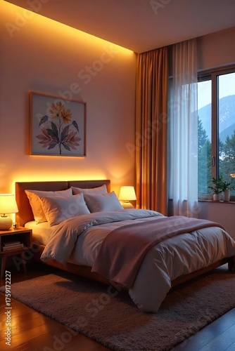 Serene Bedroom with Warm Ambient Lighting Cozy and Relaxing Atmosphere, Perfect for Sleep, Home Decor, and Interior Design