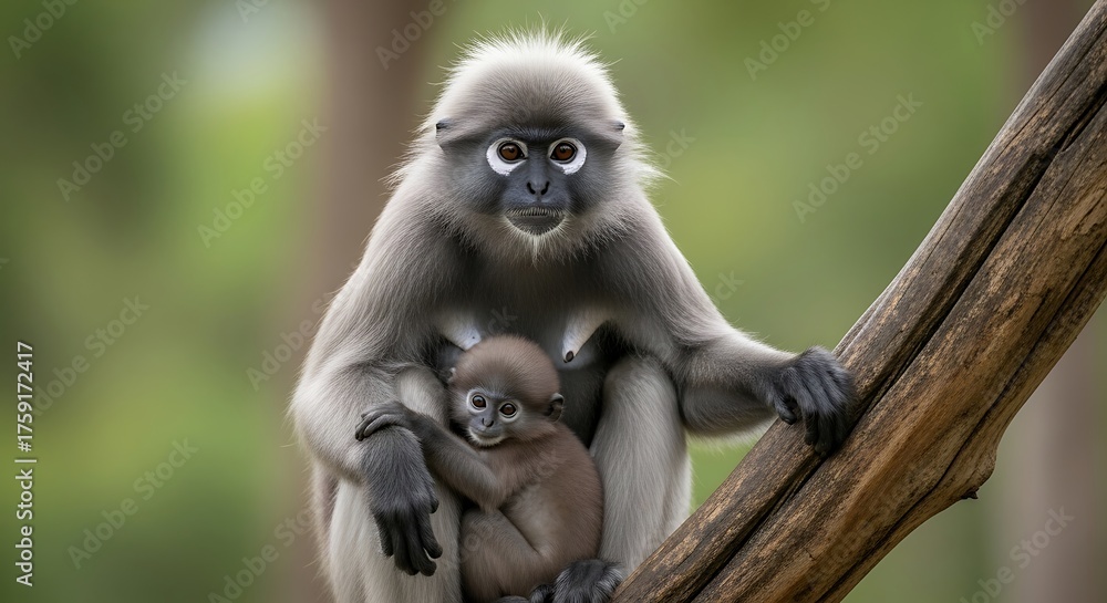 Fototapeta premium Mother and Baby Gray Langur Monkeys Sitting on Tree Branch in Natural Forest Environment
