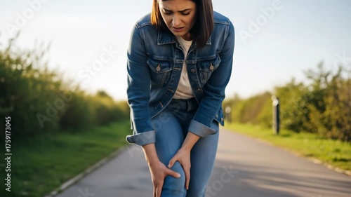 A woman experiences knee pain while walking outdoors on a sunny day.