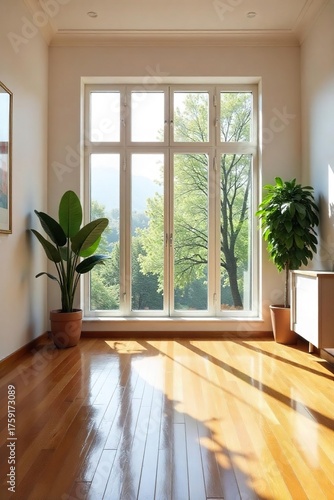 Sunlit Modern Minimalist Interior with Gleaming Hardwood Floors Bright, Airy Atmosphere, Clean Lines, Natural Light, Cherry Wood