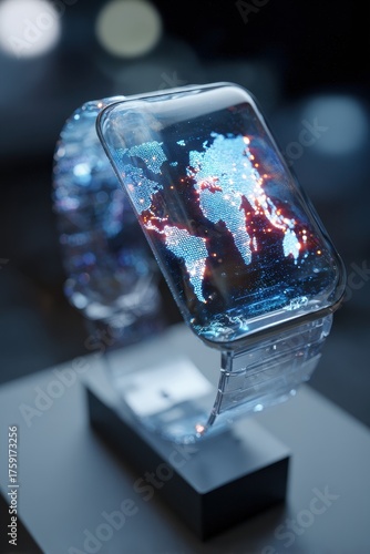 Futuristic Transparent Smartwatch Displaying a Luminous Holographic World Map on a Dark Bokeh Background.