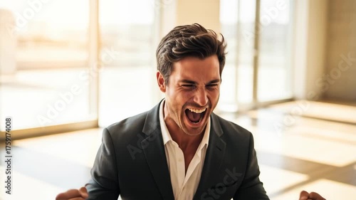 A joyful man in a suit celebrates success with excitement.