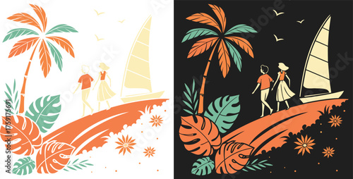 Romantic getaway on a tropical beach with palm trees and a sailboat, perfect for vacation vibes and summer designs, inspiring wanderlust and relaxation