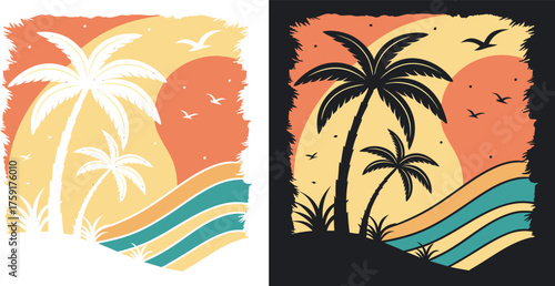 Retro vibes with palm trees, sunset and ocean waves bring tropical paradise, perfect for summer vacation vibes and coastal designs, vibrant and sunny scene