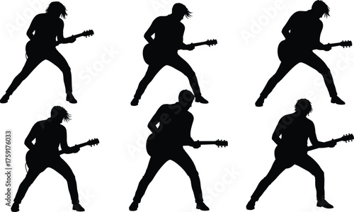 Silhouette of rock guitarist playing electric guitar on stage, dynamic performance poses, rock concert musician illustration