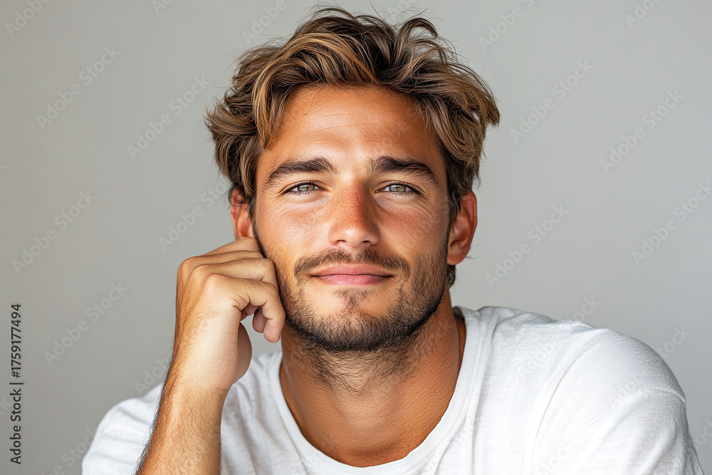 Fototapeta premium Flirtatious young man with wavy hair smiling playfully while resting his cheek on his hand. A smiling young man with tousled hair rests his chin on his hand, exuding warmth and confidence.