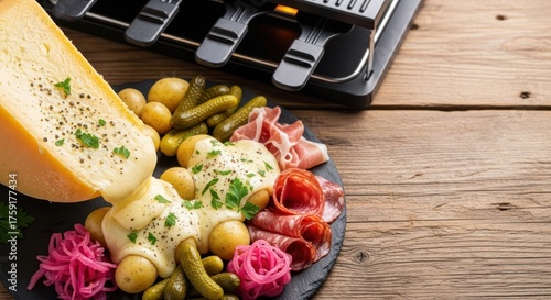 Melted cheese cascades over potatoes and charcuterie with a raclette grill.