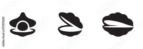 Oyster icons set, stylized open seashell with pearl , open oyster shell with a pearl inside silhouette, vector illustration EPS 10.