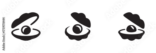 Oyster shell icon set, collection stylized scallop shells with pearls,  vector illustration EPS 10.