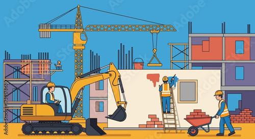 Busy construction site with workers excavator and crane building structures Industry and development