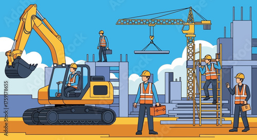 Active construction site with workers excavator and crane for urban development projects