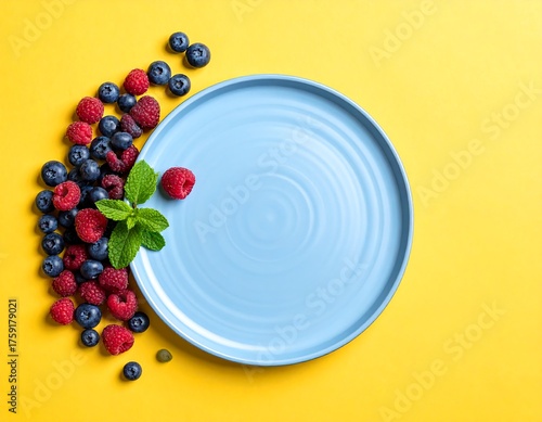 A vibrant composition featuring a blue ceramic plate encircled by a scattering of ripe raspberries and blueberries with a sprig of fresh mint