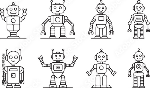 Set of Robot and Android Outline Icons - Technology Line Art Vector