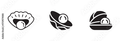 Pearl simple oyster icon set, open shell graphic symbol, Open oyster pearl outline style, Various pearl oyster shells, vector illustration EPS 10.