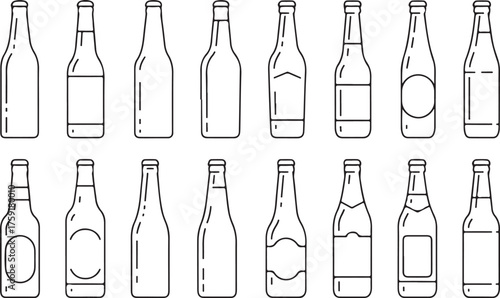 Big Set of Beer Bottle Outline Icons - Alcohol Drink Line Art Vector