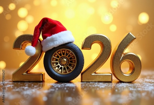 Happy New Year 2026. Bright gold rectangular banner with numbers 2026. Merry Christmas. Car wheel in Santa's hat