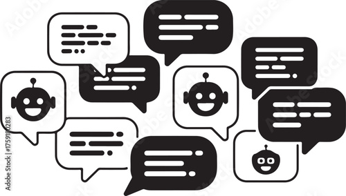 Chatbot Conversation Bubbles with AI Robot Head Icons Vector Set