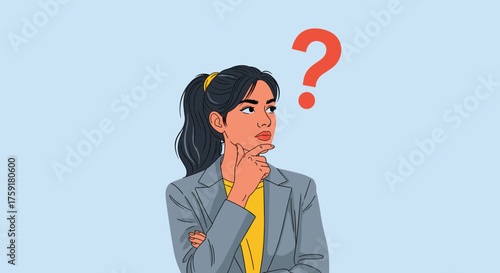 Pensive Businesswoman Contemplating Strategy in a Modern Office with a Question Mark, Considering Ideas and Solutions for Project Planning and Decision Making in a Professional Environment for Present