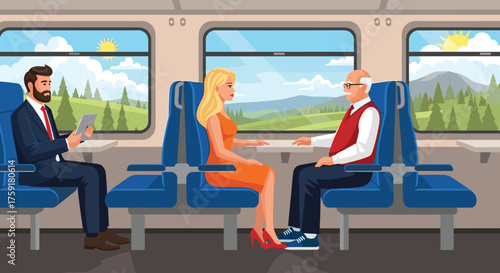 Elegant Train Journey: Passengers Enjoying Scenic View During Commute Through Mountains, Business Trip or Relaxing Vacation, Digital Tablet, Colorful Illustration Style for Travel Blog or Transportati