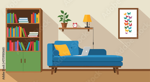 Cozy Home Office Interior with Modern Décor Working Remotely on Laptop on Blue Chaise Lounge, Reading Bookshelf & Butterfly Art, Conceptual for Lifestyle Design, Healthcare, Business Technology, Moder