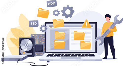 Laptop Computer Maintenance and Repair, Hardware & Software Troubleshooting, System Optimization, Data Recovery Process, Man Fixing Errors in Technology Environment, IT Support, Modern Illustration fo