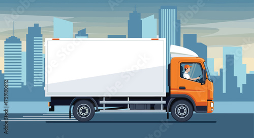 Delivery Truck Transporting Cargo in Urban Cityscape, Logistics and Distribution Services, Commercial Vehicle Delivering Goods, Modern Transportation, Business Logistics Solution, Express Shipping Con