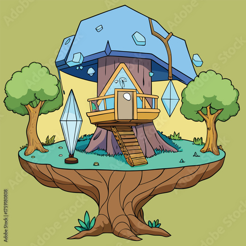 a treehouse hidden inside a giant glowing crystal .eps
