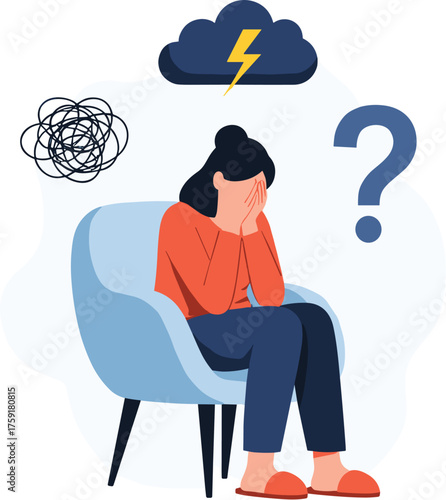 Depressed Woman Sitting Alone Experiencing Mental Health Issues in Psychotherapy Session, Facing Challenges & Anxiety, Feeling Stressed, Confused With Headache, Asking Questions About Life Crisis, Ill