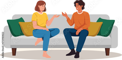 Casual Conversation on Sofa: Young Couple Discussing Ideas at Home in Living Room, Enjoying Relaxed Interaction, Concept of Relationship Communication,  Modern Lifestyle Illustration for Website, Pres