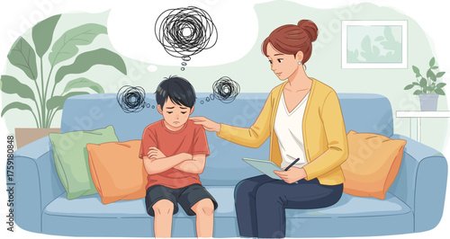 Distressed Boy in Child Therapy Session Discussing Problems with Compassionate Therapist on Couch in Calm Office, Mental Health Support, Childhood Anxiety and Depression Treatment, Counseling, Pediatr