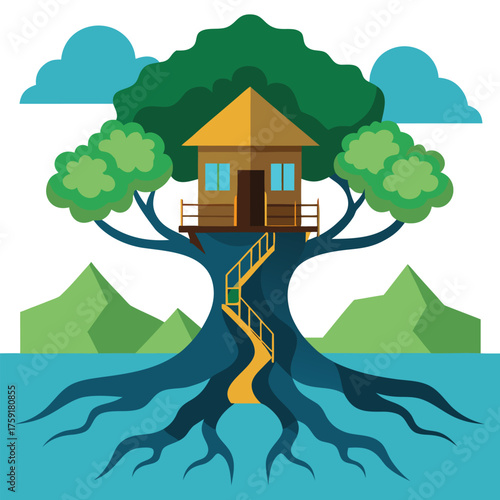 a treehouse perched on intertwined roots above a f (1).eps