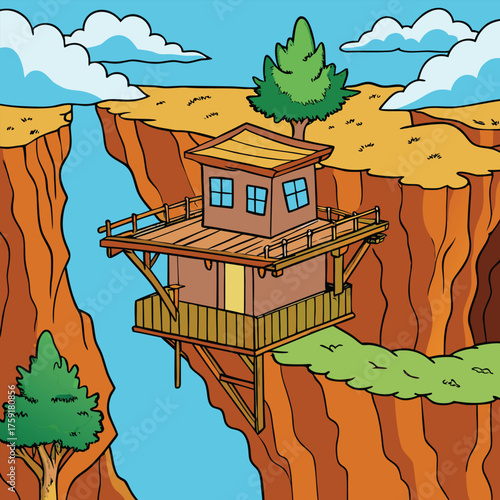 a treehouse perched above a canyon gorge .eps